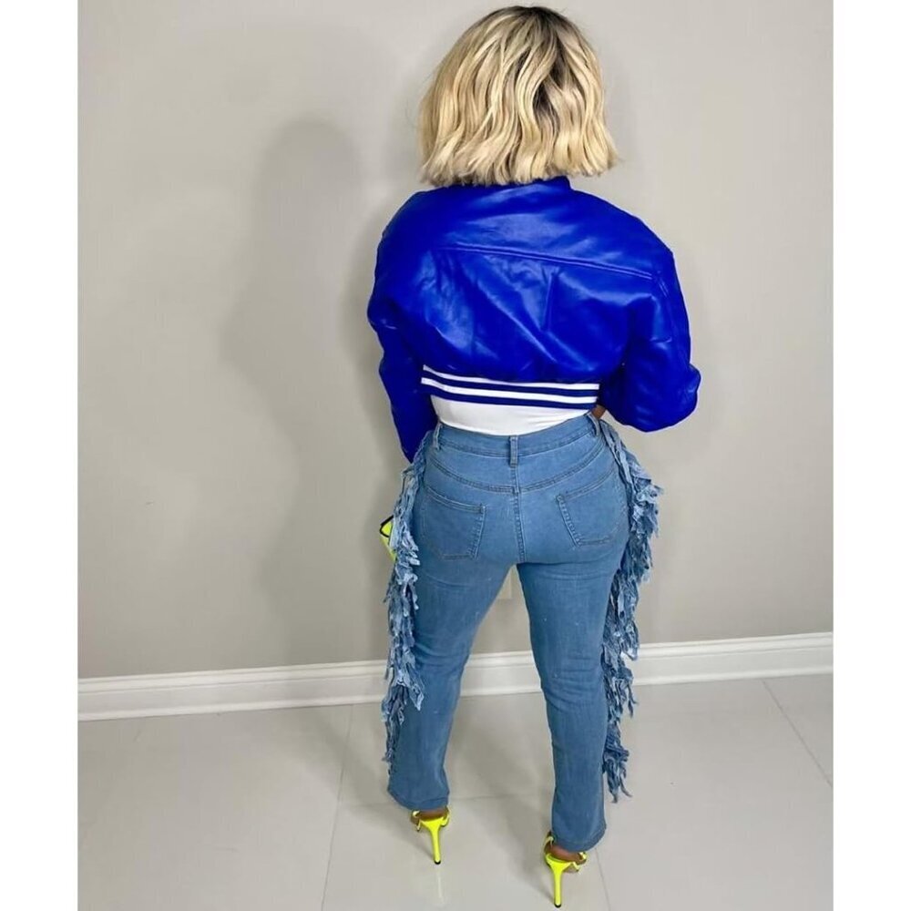 Women Blue Varsity Long Sleeve Button Down Bomber Casual Baseball Jacket - Picture 4 of 5